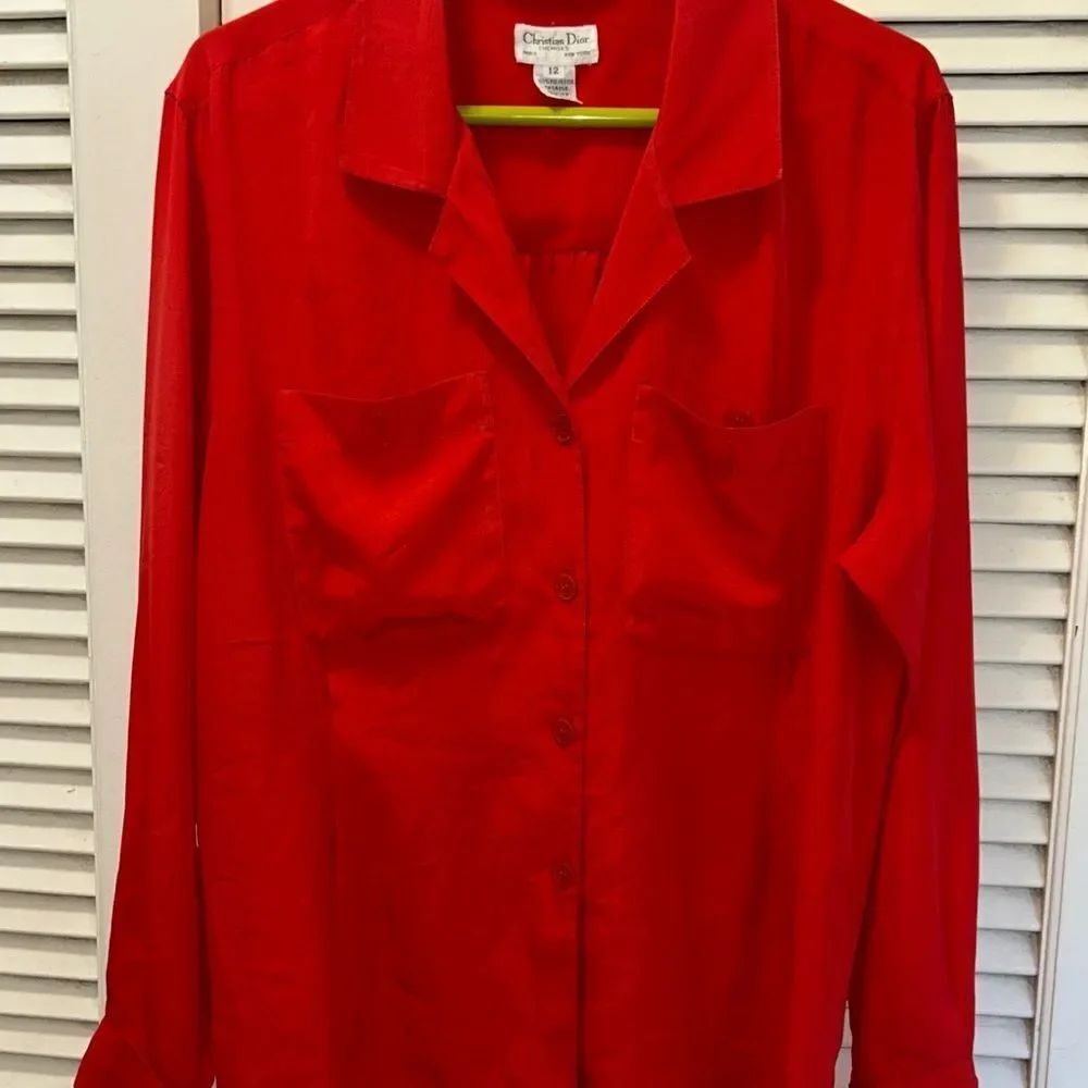 Dior Silky feel Poly designer 🧑🎨 Look 👀 Button-Up Blouse with Label vintage 80s